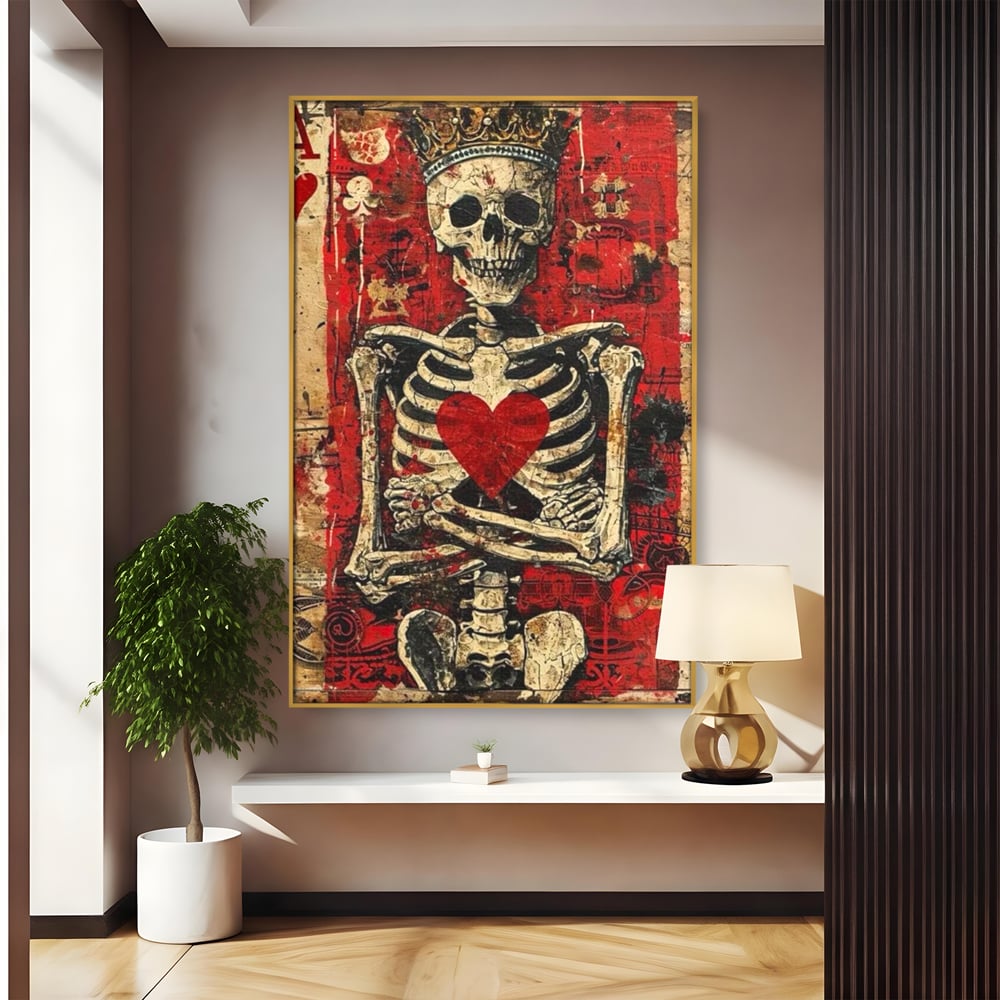 Tablou canvas cu tablou canvas cu schelet purtand coroana, in rama de aluminiu auriu